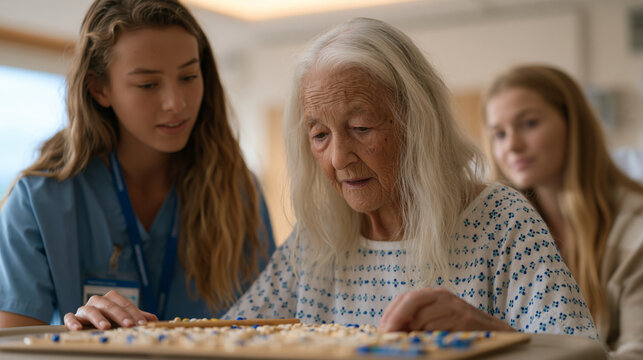 Occupational therapy aide in hospital environment guiding elderly Alzheimer's patient through fine motor bead-sorting exercise, adaptive tray and therapeutic tools arranged on hospital tray table, f
