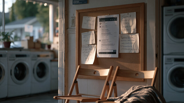 Immigrant mutual aid network shown through WhatsApp group screenshot printed and pinned to community board in laundromat, handwritten updates in Tigrinya and English, folding chairs nearby, machines