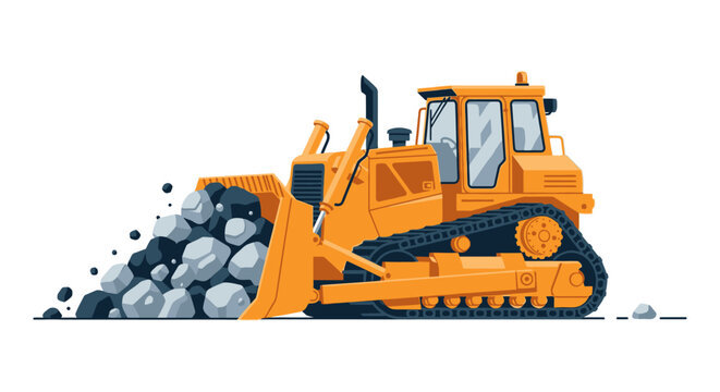 Yellow Bulldozer Illustration Pushing Rocks on White Background - Heavy Construction Machinery Vector Art