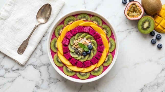 Colorful Mango Kiwi Dragon Fruit Smoothie Bowl Top View