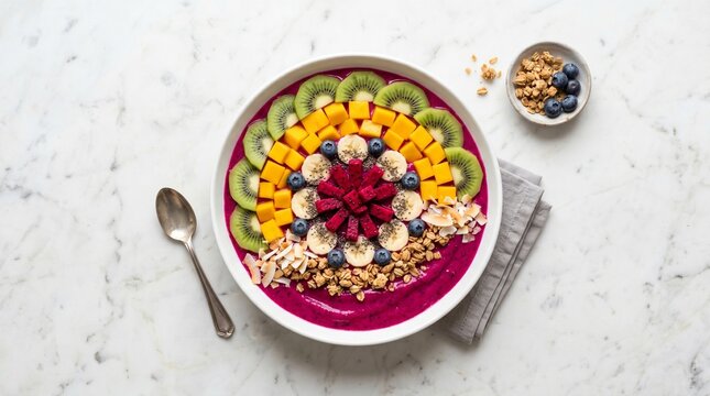 Top View Dragon Fruit Smoothie Bowl with Kiwi Berries and Granola