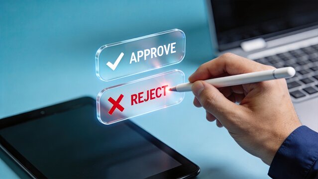 Hand selecting approve or reject button on virtual interface. Decision making, management approval and administrative choice concept. Business workflow authorization and quality