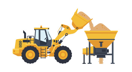Fototapeta premium Yellow Front Loader Dumping Sand into Industrial Hopper, Heavy Construction Machinery Vector Illustration