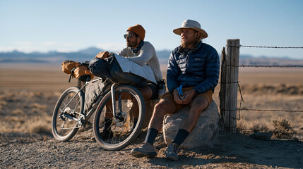 Naklejka premium Gravel cycling bikepacking duo resting beside remote high desert water source, filtering water through portable purification system, laden bikes leaning against weathered fence post, topographic map