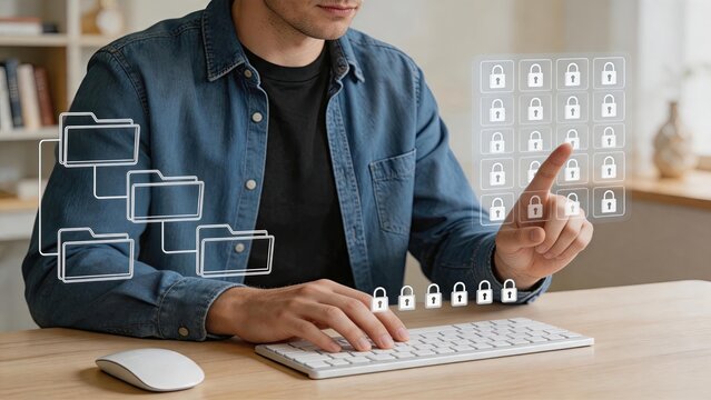 Man typing on keyboard with floating folders and padlock icons representing file encryption. Data security, access control and information protection concept. Cyber defense and