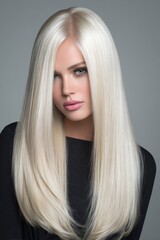 Naklejka premium Beautiful young woman with long straight platinum blonde hair looking at camera, perfect smooth hairstyle, professional makeup with pink lips, elegant fashion studio portrait on gray background