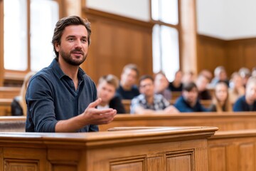 Fototapeta premium A confident male speaker engaging with an audience in a traditional lecture hall with wooden benches.