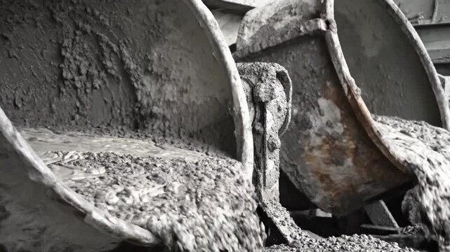 Close-up view of concrete mixers churning wet cement and aggregate during industrial construction operations