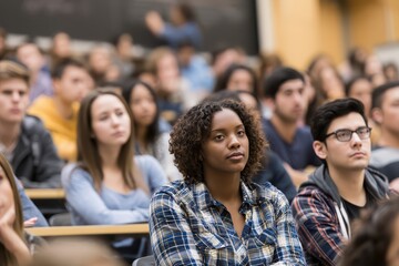 Obraz premium Diverse group of young adults attentively listening in a university lecture hall, focusing on the speaker.