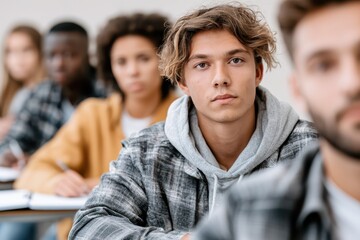 Fototapeta premium Diverse group of young students attentively listening in a classroom, focused on learning and education.