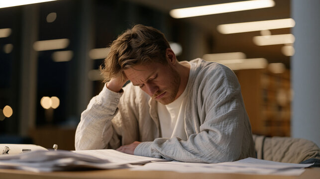 Exhausted undergraduate slumped over grant application paperwork at university library table, research funding rejection letters scattered nearby, fluorescent overhead lighting casting harsh shadows