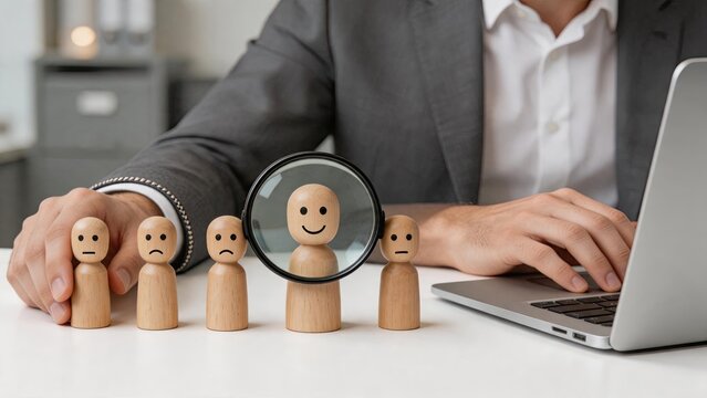Businessman analyzing wooden figures with magnifying glass, selecting best candidate for job, recruitment concept