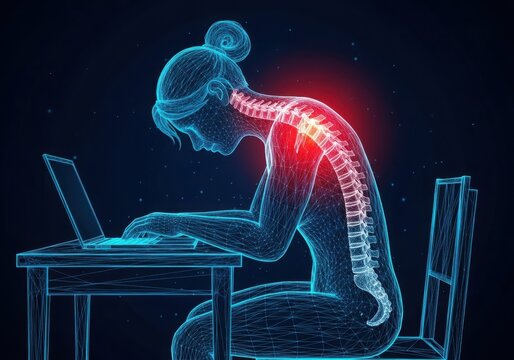 Person sitting at a desk with a glowing red pain point on their upper back