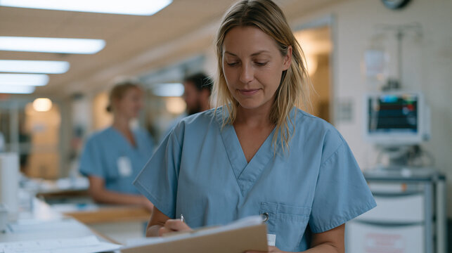 Emergency room nursing staff changing shift during back-to-routine September weekday morning, clipboard handoff at hospital environment nursing station, IV supply cart and monitoring equipment visib