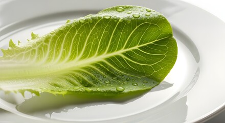 Obraz premium Organic romaine lettuce displayed on a white dish with soft natural light and crisp texture detail.