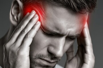 Fototapeta premium Close-up of a man holding his temples with a red glowing area indicating pain and discomfort.