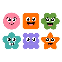 Fototapeta premium Six cute cartoon character faces: circle, square, flower, star, and blob