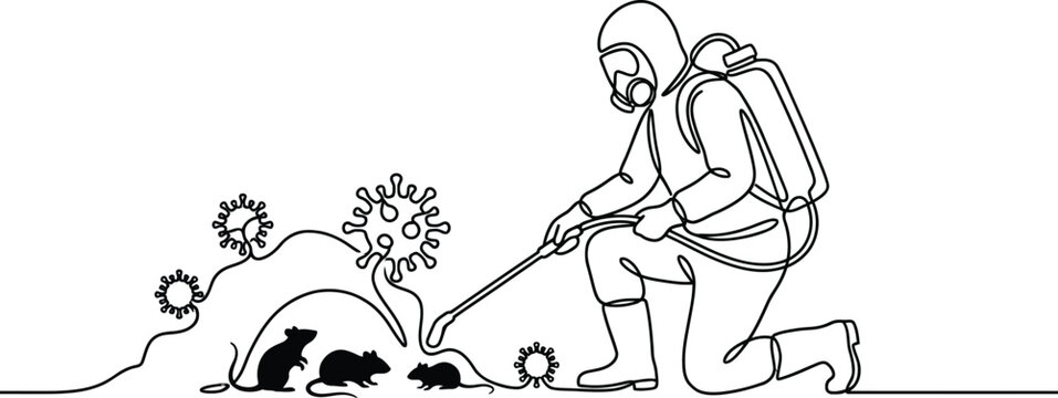 Pest Control Worker Sprays Rodents and Virus Microbes in Continuous Line Art