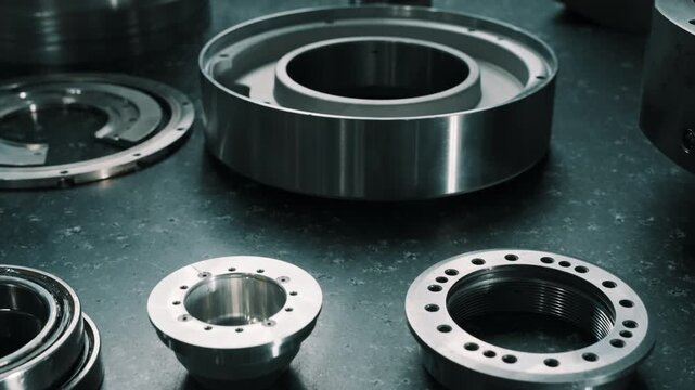 Close-up view of precision-machined metal components and circular housings on an industrial workshop bench, highlighting CNC manufacturing details with flanges, bearings, connectors, and parts