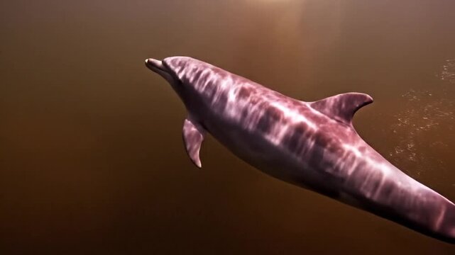 A rare pink river dolphin gracefully swims through murky river waters, showcasing its unique beauty and aquatic agility.
