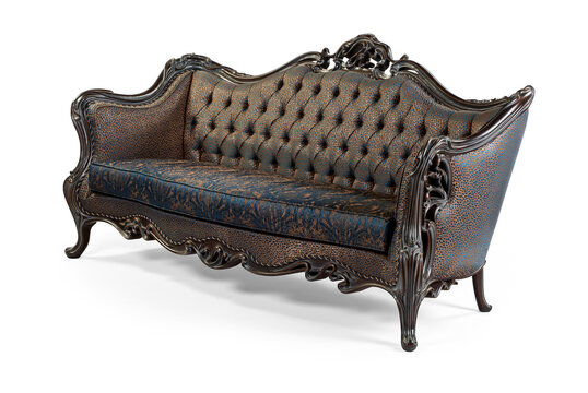 Three-quarter perspective view of an antique baroque style sofa showcasing intricate wood carvings and luxurious patterned fabric, isolated on a white background.