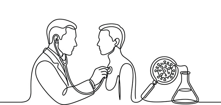 Doctor examines patient with stethoscope, virus research with microscope and flask