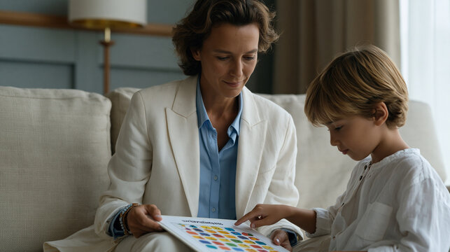 Child psychologist in a quiet office setting holds up an emotional awareness chart while a young patient points to a face that mirrors unspoken family conflict, a clinical yet warm image applicable 