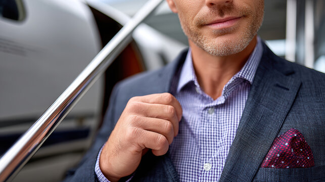 Close-up of well dressed businessman boarding private jet for luxury travel background and vip charter banner design