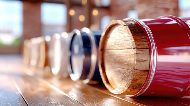 Closeup industrial oil drum with wooden insert on a warehouse floor for packaging detail and product display background for logistics banner