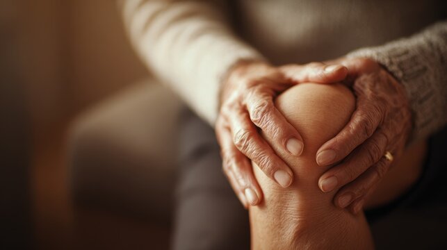 Senior woman seated with hand on knee, expressing joint discomfort for arthritis treatment concept
