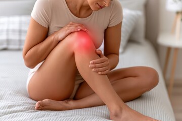 Obraz premium Woman experiencing sharp knee pain, holding her leg with a red highlighted area indicating discomfort and inflammation.
