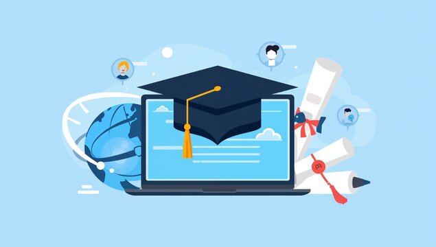 Educational Online Learning Concept with Laptop Graduation Cap Gloves and Science Icons