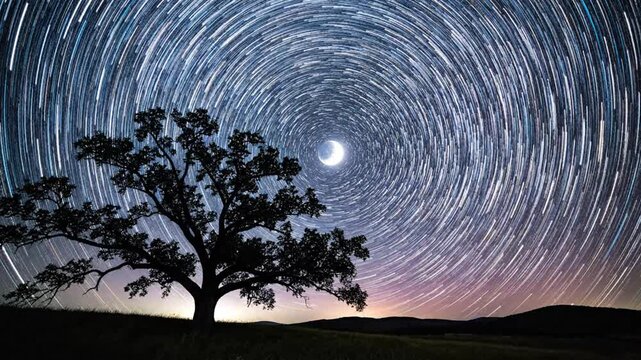 Swirling star trails and moon over a lone tree silhouette