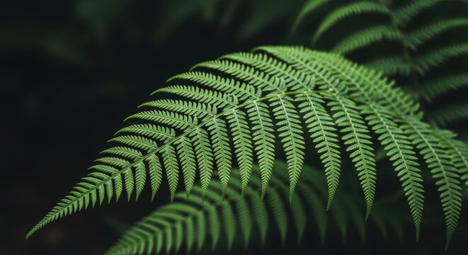 Detailed closeup of a vibrant green fern leaf in a dark forest