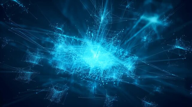 Quantum Computer Processor Icon Floating in Dark Blue Abstract Background, Glowing Neon Lines and Data Connections for Technology Design
