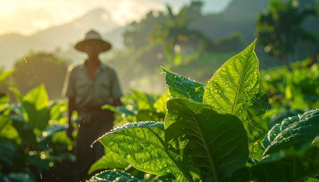 Farmer tending crops in a field at sunrise with lush green foliage