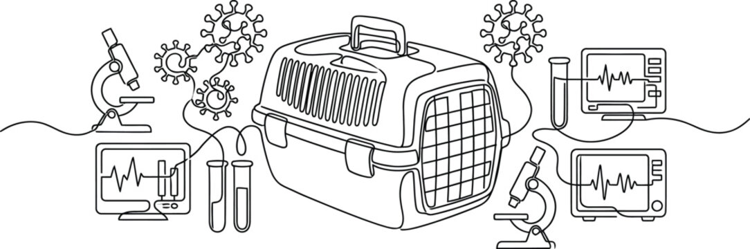 Pet transport carrier with scientific research equipment and virus icons