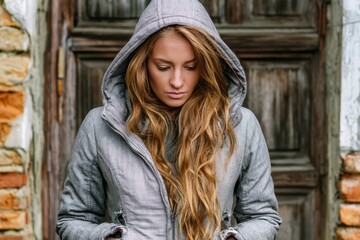 Fototapeta premium Young woman with long blonde hair wearing a grey hooded jacket, looking down thoughtfully outdoors.