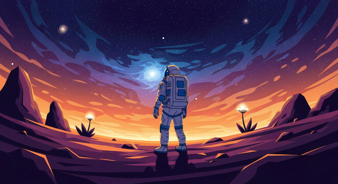 Astronaut Exploring an Alien Planet Landscape