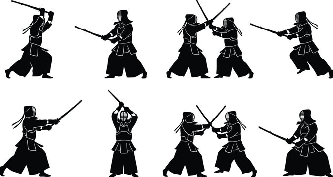 Kendo Martial Arts Silhouette Set with Sword Fighting and Training Poses