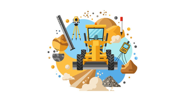 Motor Grader and Land Surveying Equipment Illustration for Civil Engineering, Construction, and Road Development Projects