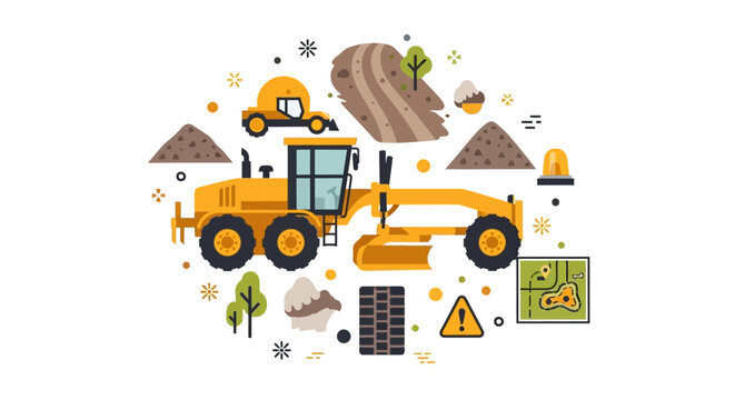 Yellow Motor Grader Flat Vector Illustration for Road Construction and Infrastructure Industry