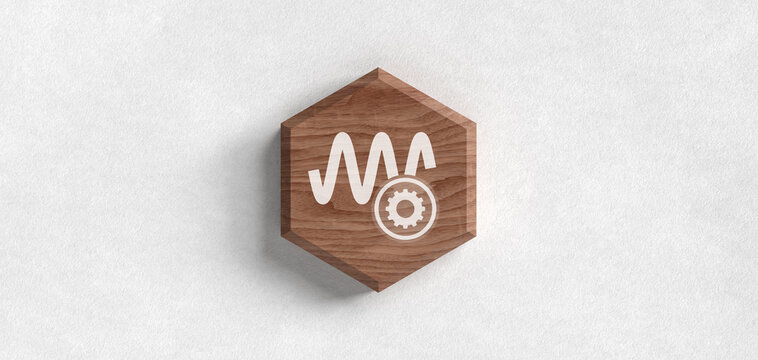 3D wooden hexagon icon with a sine wave and gear symbol representing technical signal processing and engineering