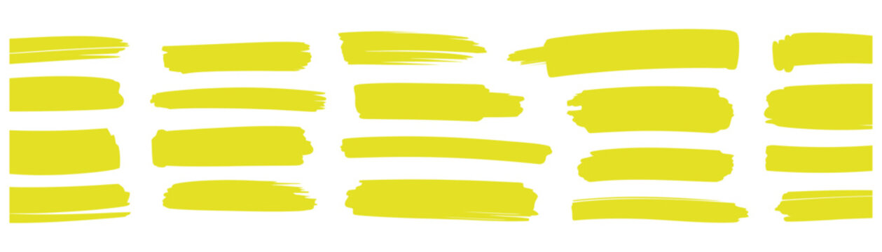 Yellow Highlighter Pen Stroke Lines Set Neon Marker Brush Marks Isolated Hand Drawn Abstract Underline Elements