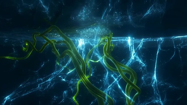 Vibrant Glowing Tentacles Emerging From a Dark Blue Crystalline Environment with Light Reflections Featuring Hyper-Realistic, Futuristic, Sci-Fi With