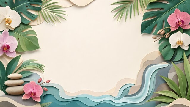 Tropical Orchid and Palm Leaves Paper Art with Copy Space for Spa Wellness Banner