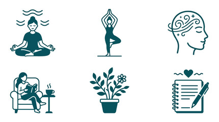 Illustrative icons representing wellness activities, meditation, yoga, reading, and creativity © Payu