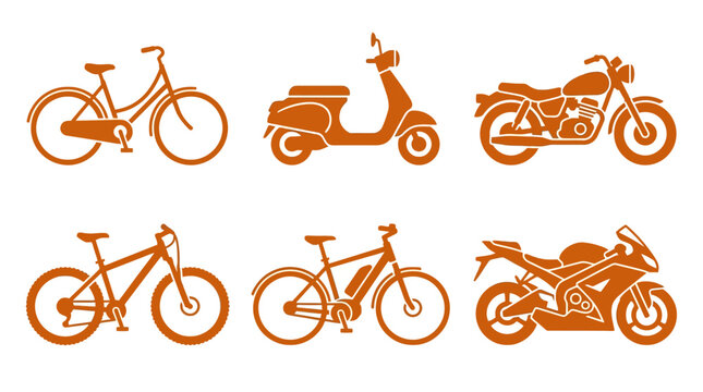Collection of various bicycles and motorbikes in orange silhouette against a white background