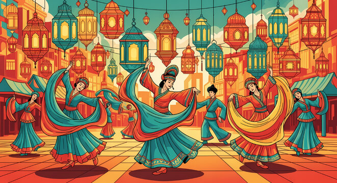 Traditional cultural celebration during Idul Adha with dancers and lanterns