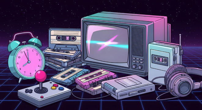 Retro 80s synthwave style desk aesthetic with vintage electronics
